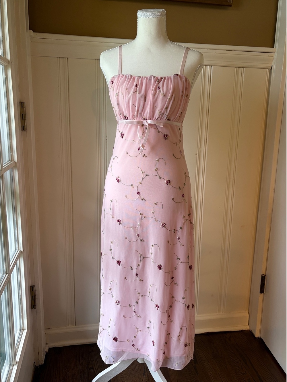 Pink Floral Embroidered Mesh Maxi Dress Fairycore Y2K Romantic Cottagecore XS/S